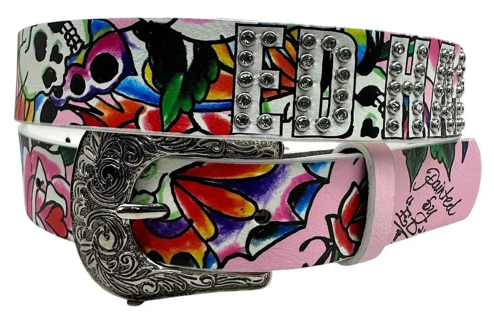 Ed Hardy Women's Rhinestone Skull Rose Floral Printed Pink Belt
